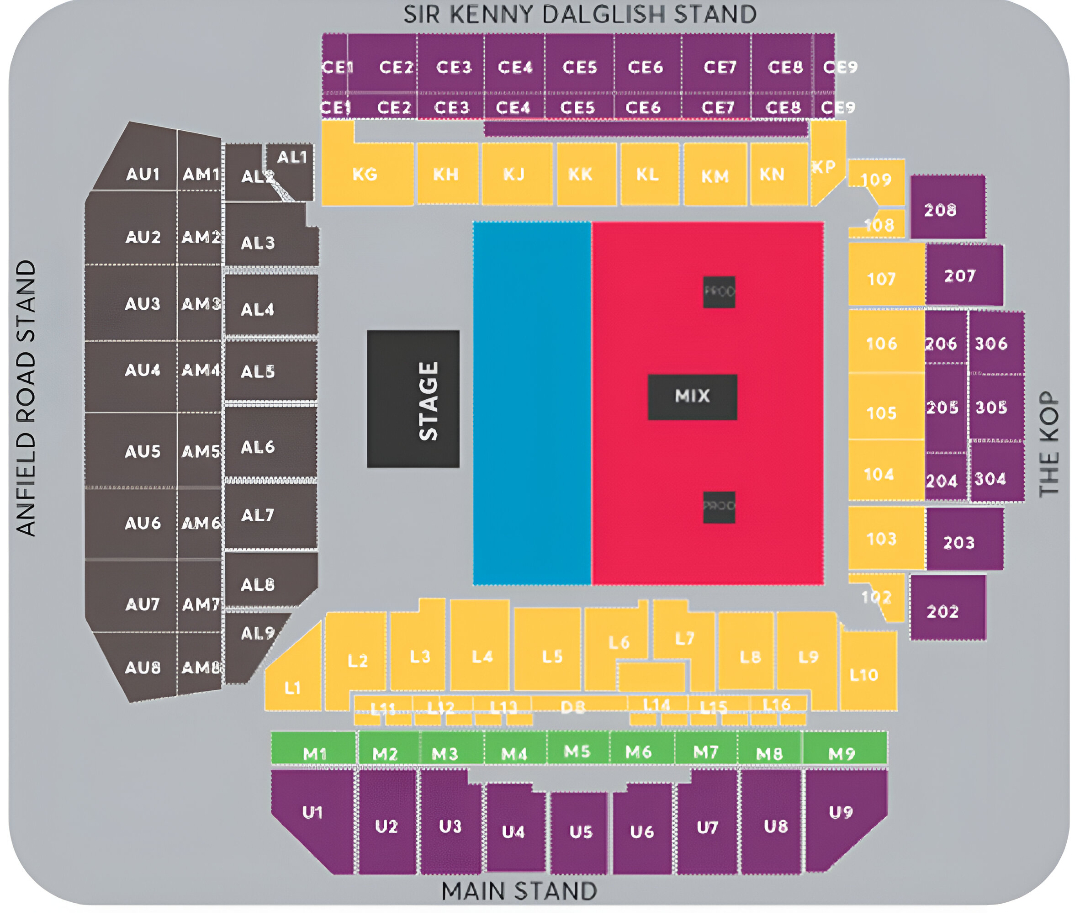 Anfield Stadium, Liverpool, England, United Kingdom Seating Plan
